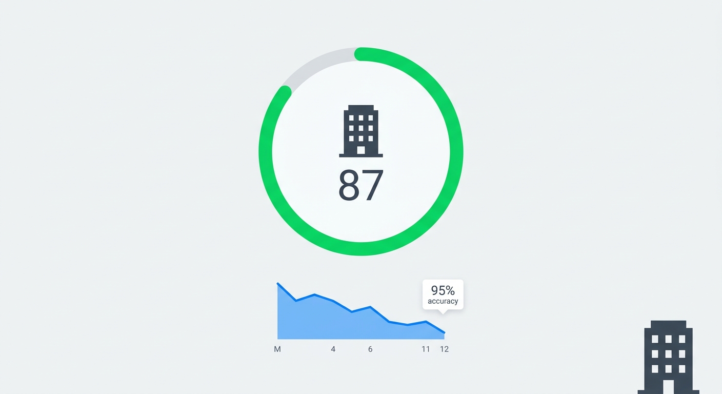 Building quality score gauge showing 87 out of 100, with a declining violation prediction chart and 95% accuracy badge