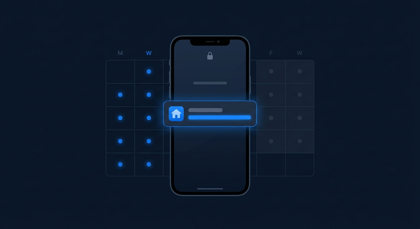 Phone lock screen showing a building violation alert notification with weekday calendar grid behind it
