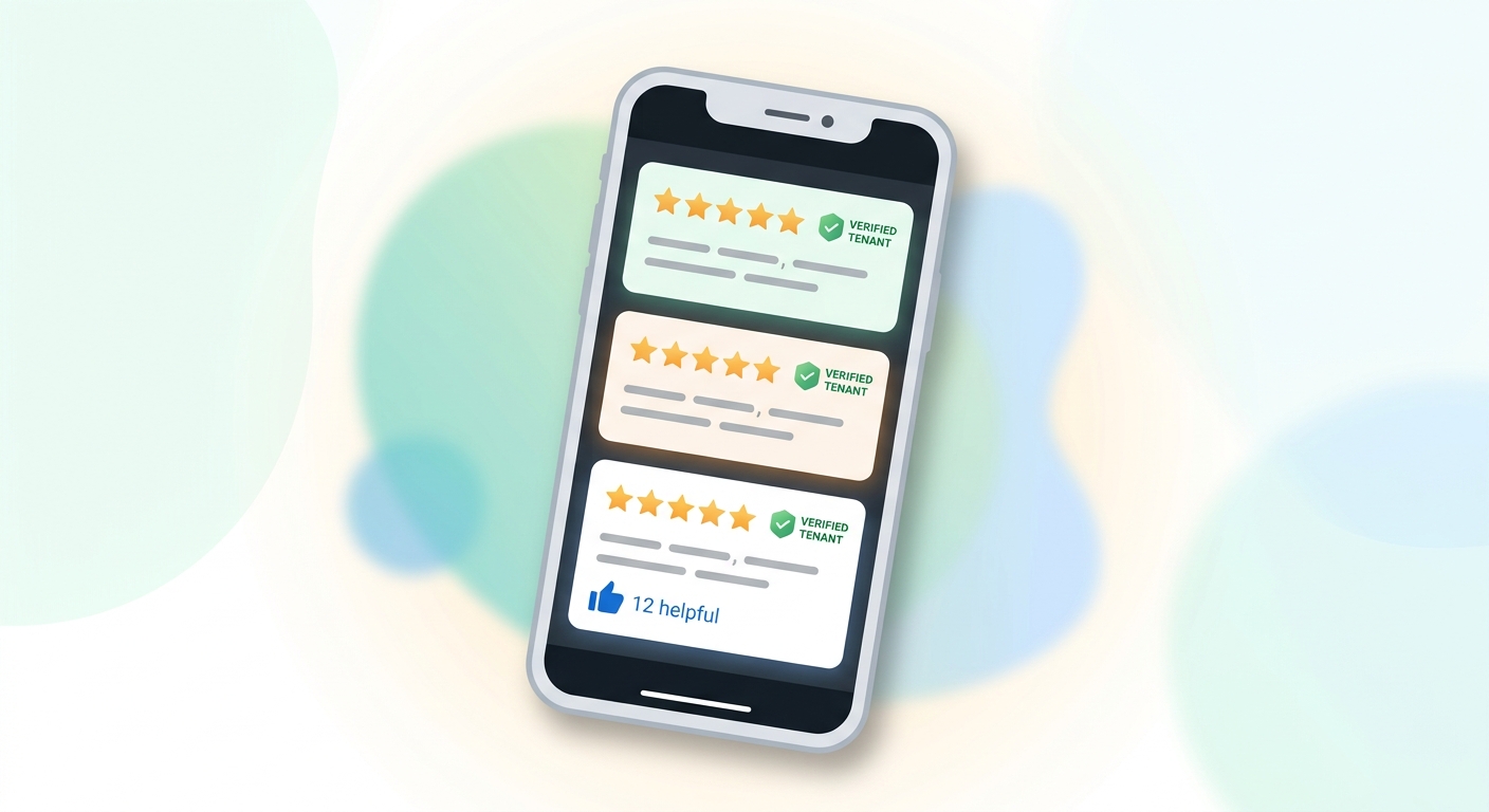 Phone showing tenant review feed with star ratings and Verified Tenant badges
