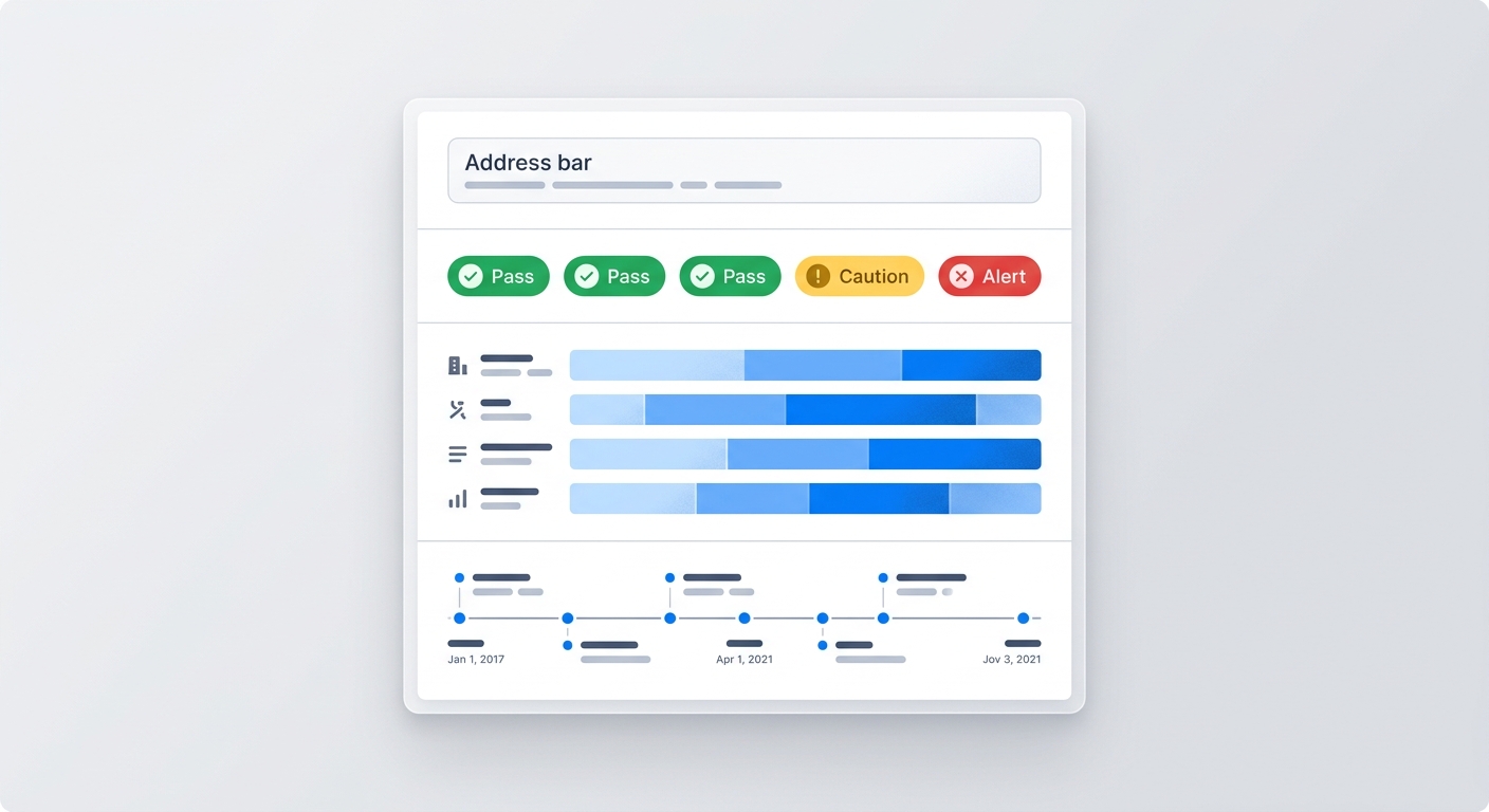 Building report dashboard showing Pass, Caution, and Alert status badges, violation bar charts, and complaint timeline